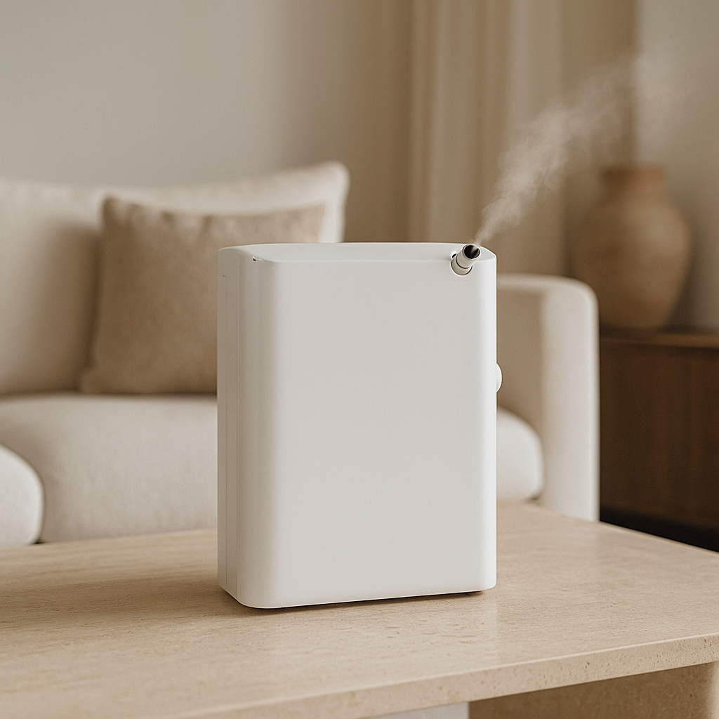 Luxury cold-air diffuser in a serene modern home, illustrating the science of scent and how cold-air diffusion technology transforms everyday spaces with elegant, long-lasting fragrance