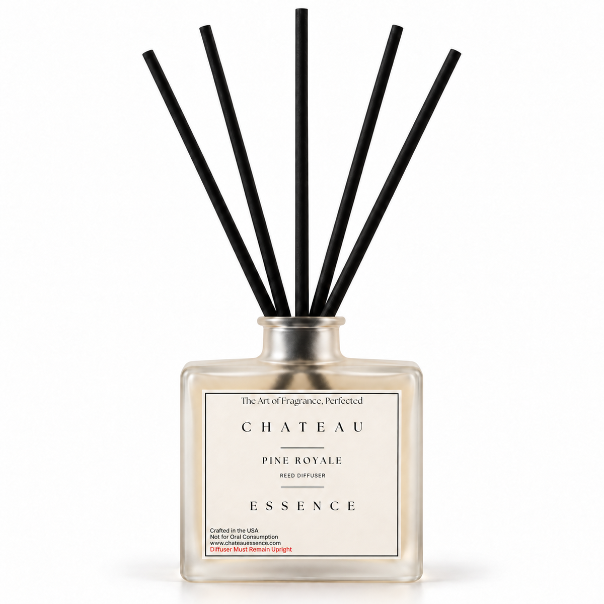 Chateau Essence Pine Royale luxury reed diffuser – 100 mL frosted glass bottle with 5 black reeds