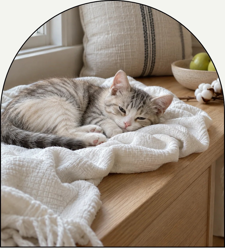 Purrfect Cotton Pet-Preferred luxury fragrance oil by Chateau Essence – kitten napping on soft cotton with cotton flowers and crisp green apples