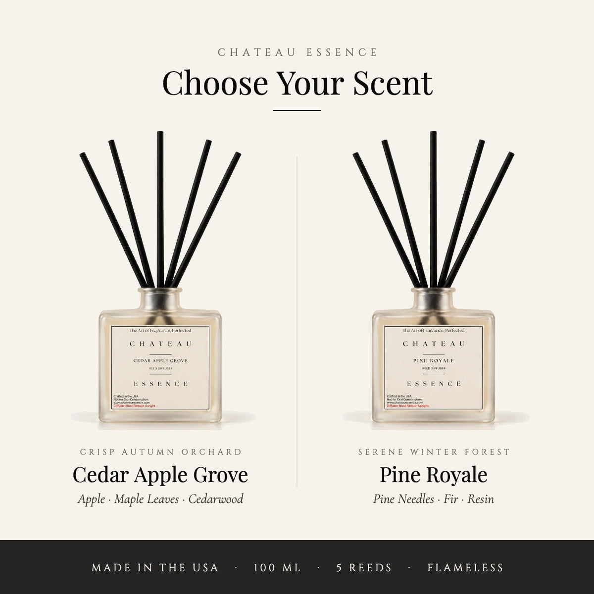 Choose your scent: Cedar Apple Grove and Pine Royale reed diffusers – made in the USA, 100 mL, 5 reeds, flameless