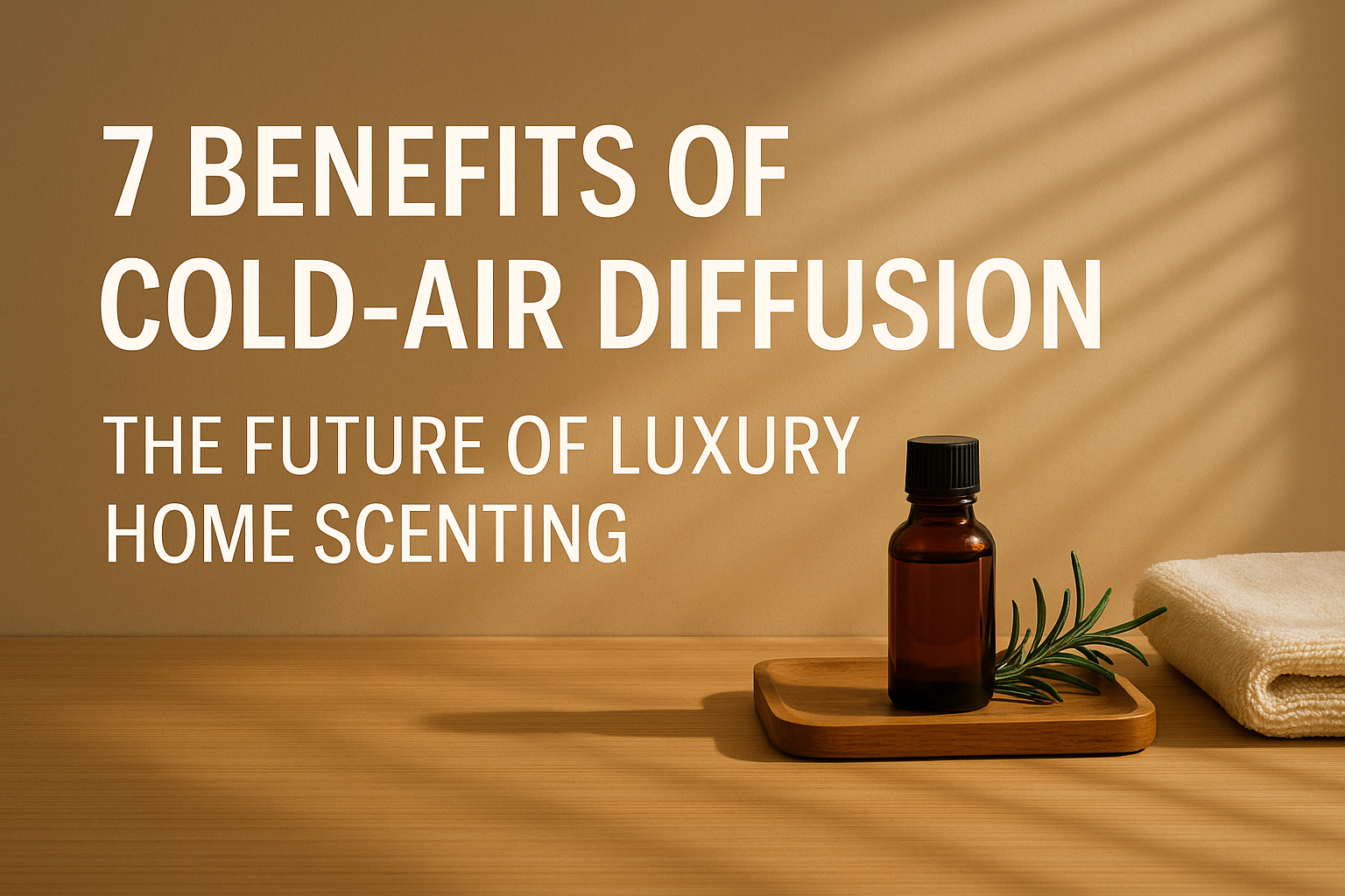 Clean, minimalist living space with soft natural light and gentle fragrance imagery, representing the purity, safety, and luxury benefits of cold-air diffusion for home scenting.