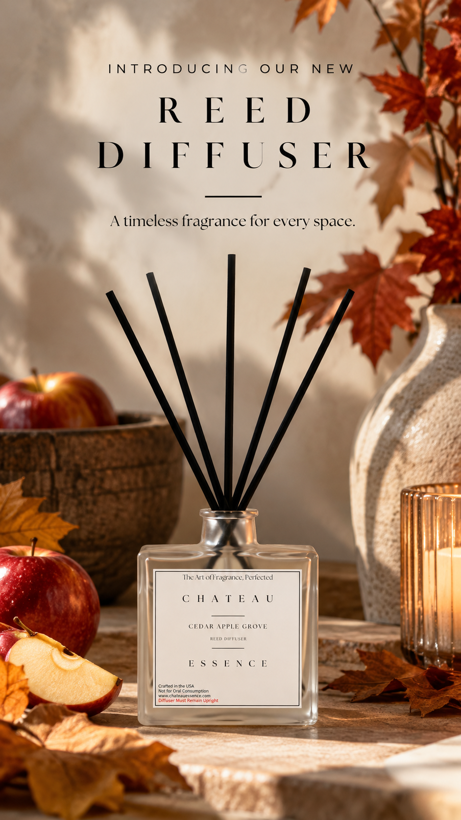 Introducing the Chateau Essence reed diffuser – Cedar Apple Grove reed diffuser styled with autumn apples and leaves