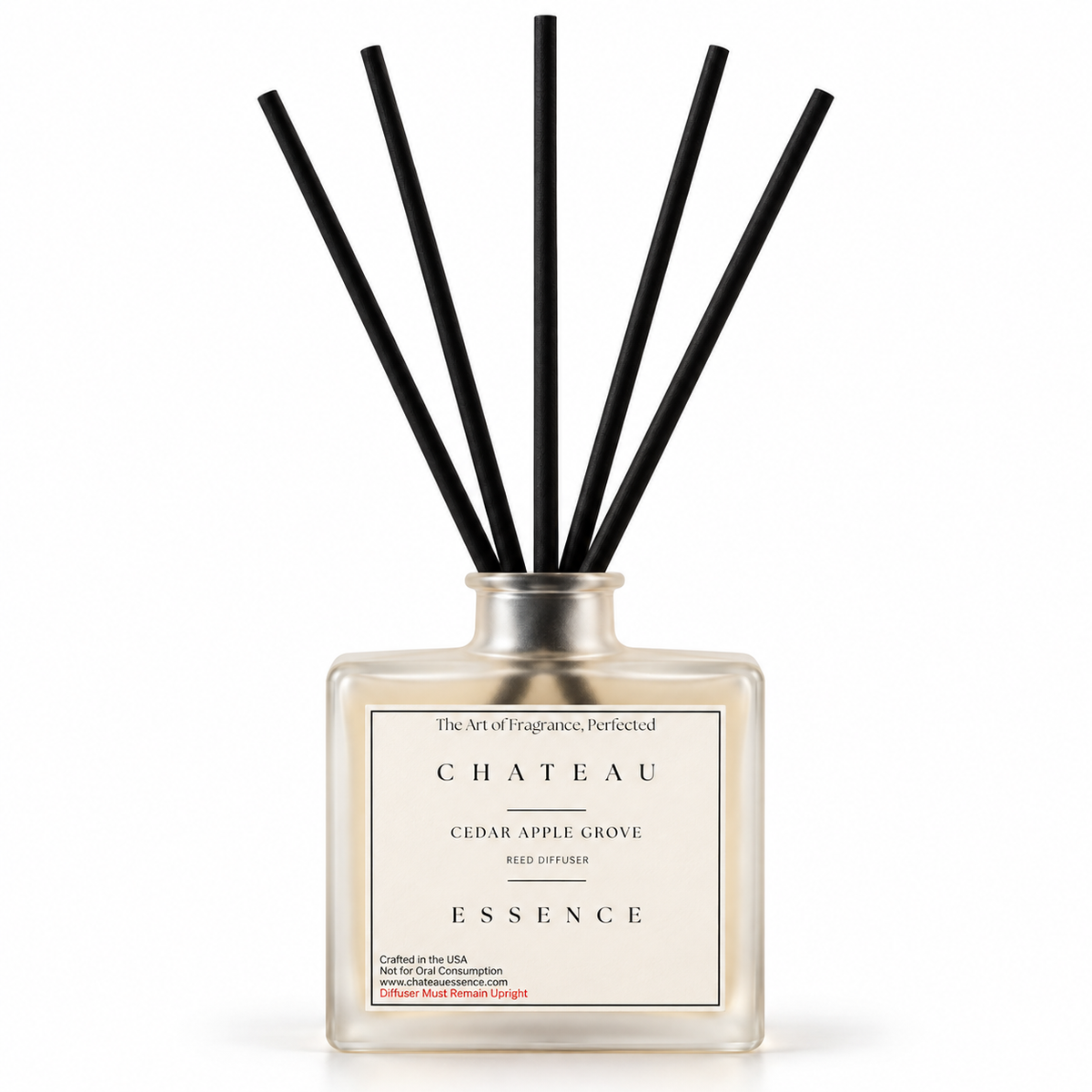 Chateau Essence Cedar Apple Grove luxury reed diffuser – 100 mL frosted glass bottle with 5 black reeds
