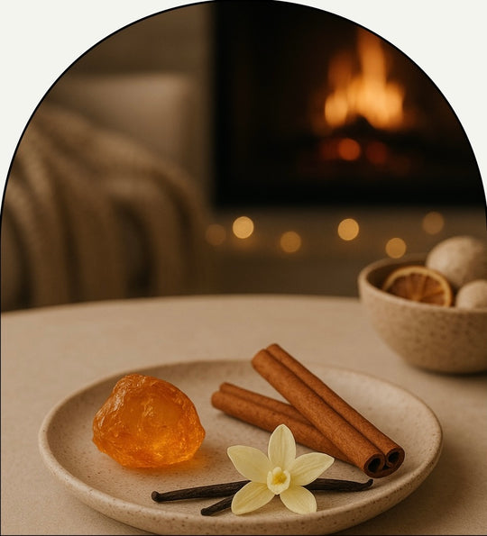 Amber Spice luxury fragrance oil inspiration featuring warm cinnamon sticks, vanilla bean, amber resin, and soft candlelight ambiance.