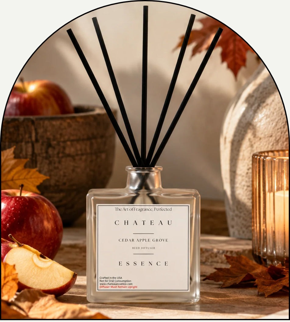 Chateau Essence luxury reed diffuser in Cedar Apple Grove, styled with autumn apples, maple leaves, and candlelight